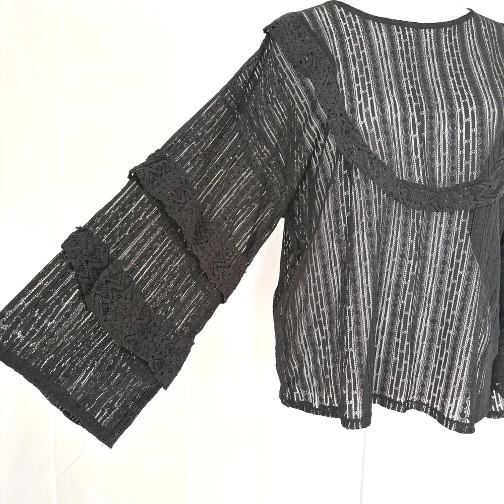 Zara Black Lace Top Medium Whimsigoth Sheer Ruffle Tiered Blouse M‎